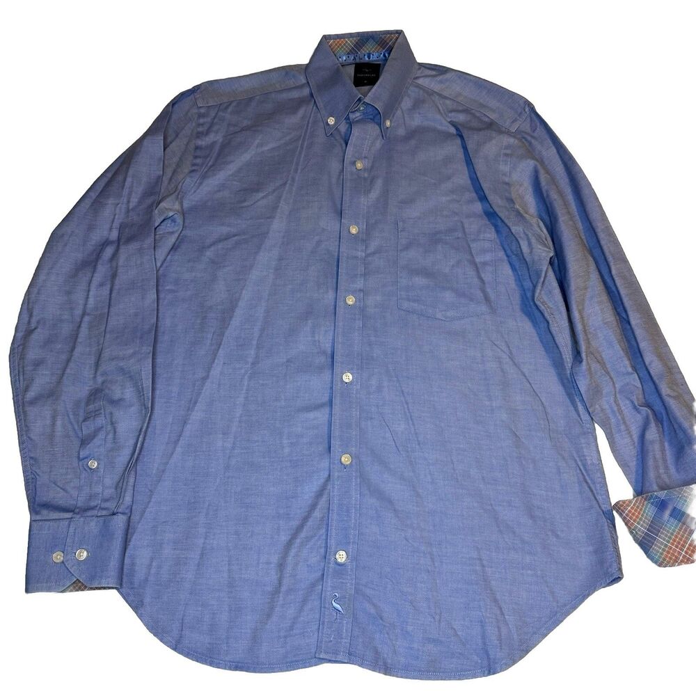 TailorByrd Collection Men’s Blue Button Down Shirt M 100% Cotton Plaid Trim